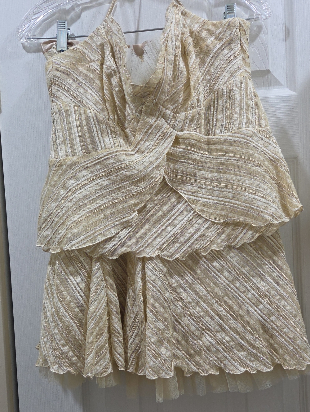 2 Pc. Top / Skirt Set. Tan W/ Silvery Stripe Running Through.